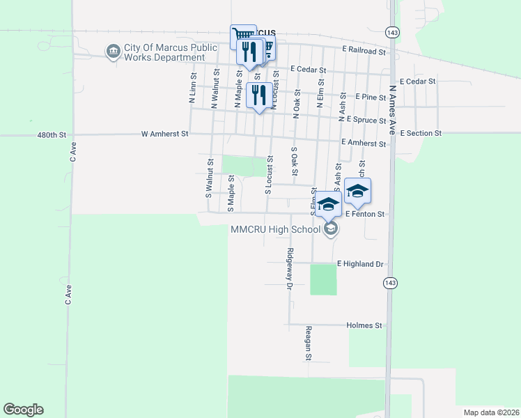 map of restaurants, bars, coffee shops, grocery stores, and more near 103-201 West Fenton Street in Marcus