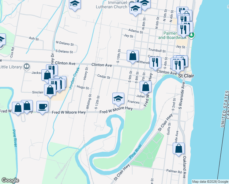 map of restaurants, bars, coffee shops, grocery stores, and more near 955 South 10th Street in Saint Clair