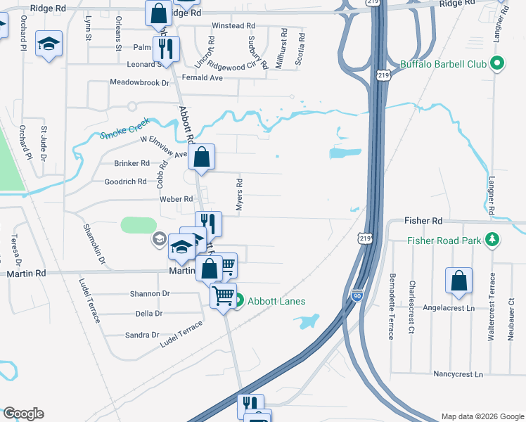 map of restaurants, bars, coffee shops, grocery stores, and more near 90 Fisher Road in Buffalo