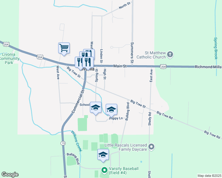 map of restaurants, bars, coffee shops, grocery stores, and more near 80 Big Tree Street in Livonia