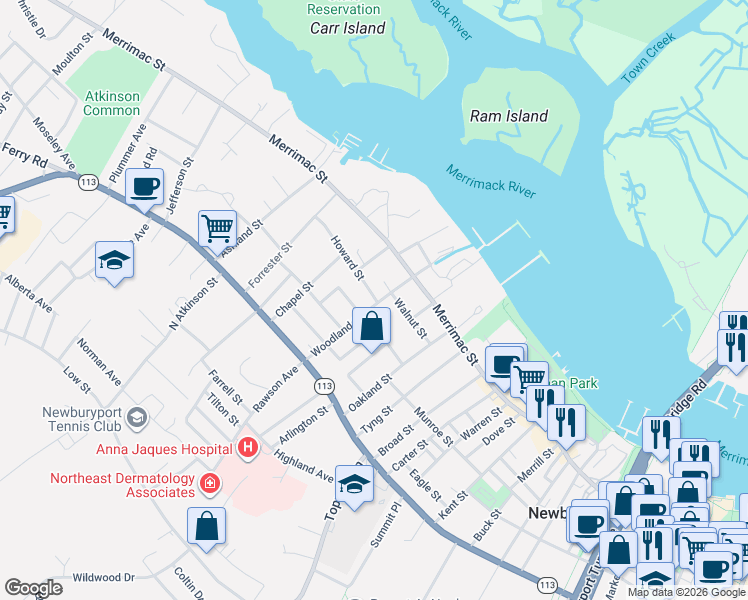 map of restaurants, bars, coffee shops, grocery stores, and more near 19 Woodland Street in Newburyport