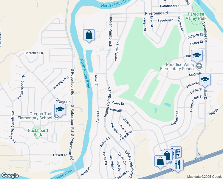 map of restaurants, bars, coffee shops, grocery stores, and more near 291 Indian Paintbrush in Casper