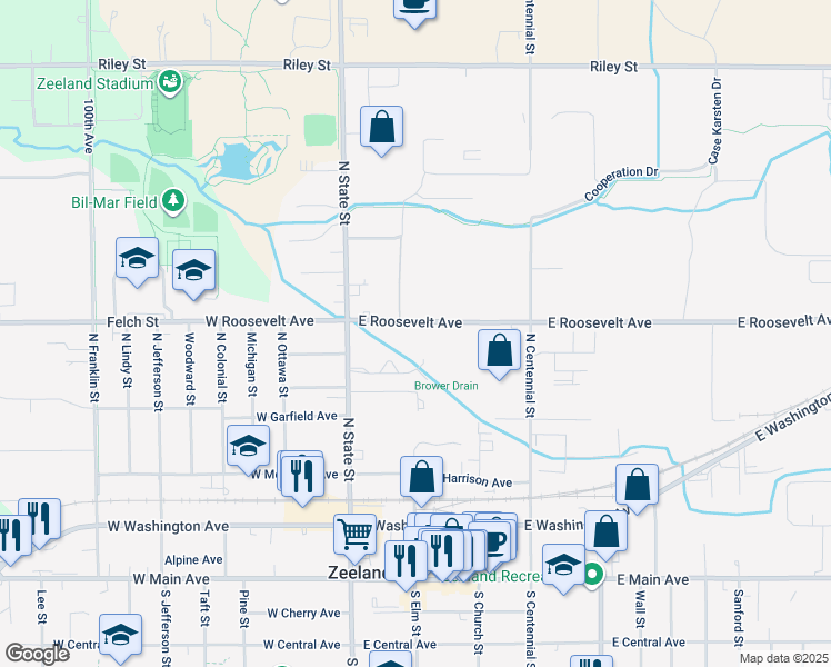 map of restaurants, bars, coffee shops, grocery stores, and more near 90 East Roosevelt Avenue in Zeeland