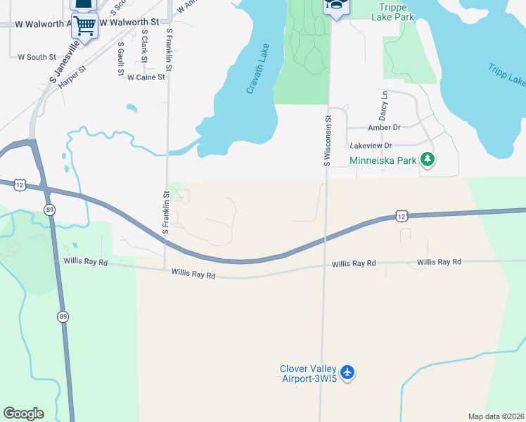 map of restaurants, bars, coffee shops, grocery stores, and more near N9051 Clover Valley Road in Whitewater