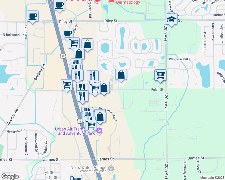 map of restaurants, bars, coffee shops, grocery stores, and more near 12288 Felch Street in Holland