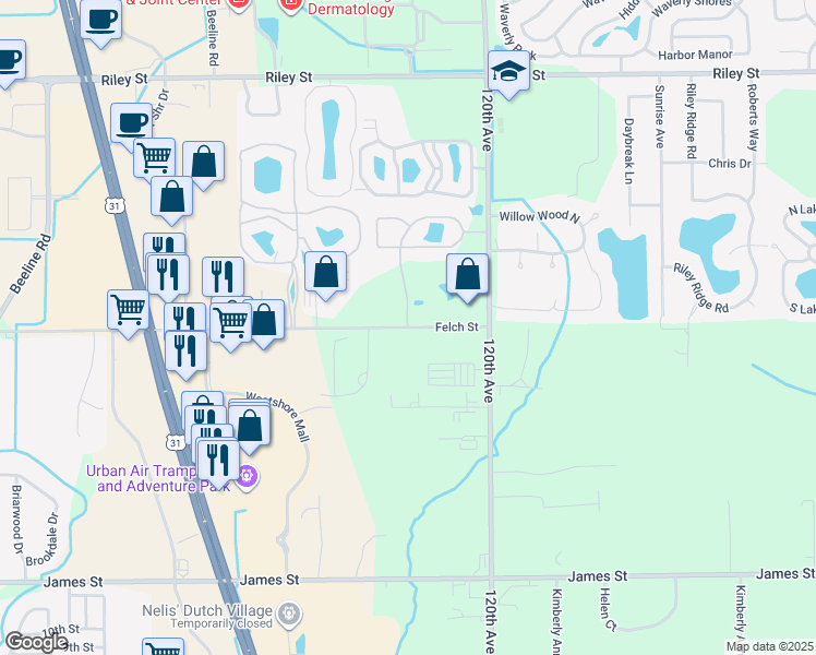 map of restaurants, bars, coffee shops, grocery stores, and more near 12162 Felch Street in Holland