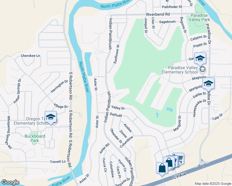 map of restaurants, bars, coffee shops, grocery stores, and more near 291 Indian Paintbrush in Casper