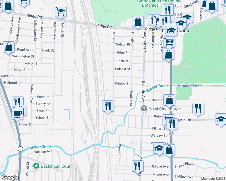 map of restaurants, bars, coffee shops, grocery stores, and more near Center Street & Muck Street in Buffalo