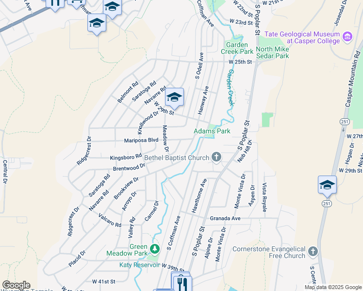 map of restaurants, bars, coffee shops, grocery stores, and more near 1401-1699 Brentwood Dr in Casper