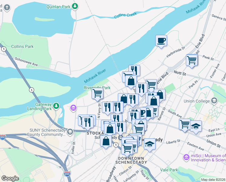 map of restaurants, bars, coffee shops, grocery stores, and more near 130 Front Street in Schenectady