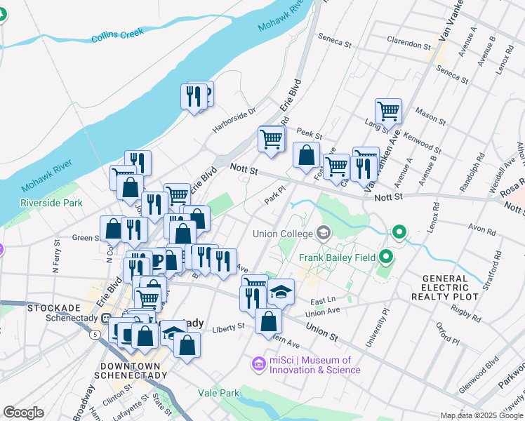 map of restaurants, bars, coffee shops, grocery stores, and more near 144 Park Place in Schenectady