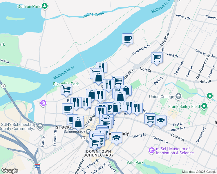 map of restaurants, bars, coffee shops, grocery stores, and more near 1321 Erie Boulevard in Schenectady