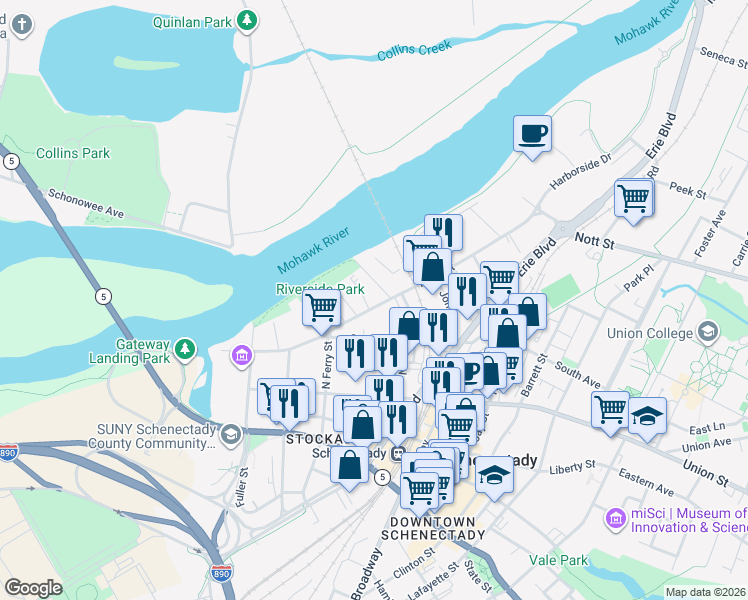 map of restaurants, bars, coffee shops, grocery stores, and more near 130 Front Street in Schenectady