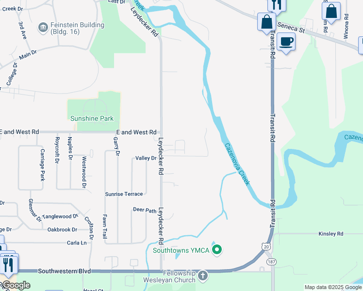 map of restaurants, bars, coffee shops, grocery stores, and more near 299 Leydecker Road in Buffalo