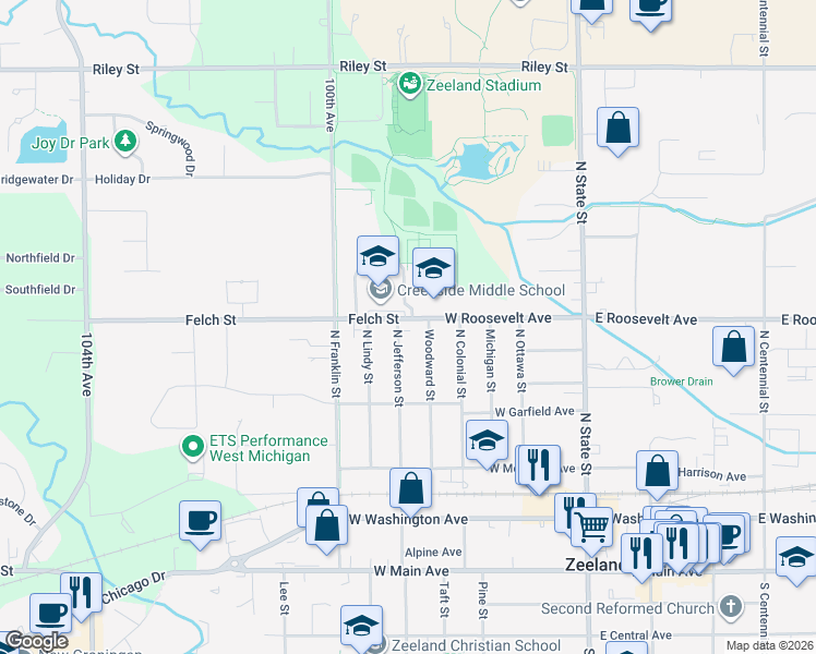 map of restaurants, bars, coffee shops, grocery stores, and more near 369 North Jefferson Street in Zeeland