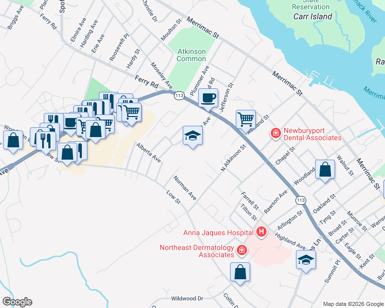 map of restaurants, bars, coffee shops, grocery stores, and more near 32 North Atkinson Street in Newburyport