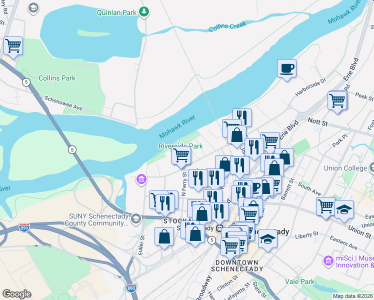 map of restaurants, bars, coffee shops, grocery stores, and more near 100 North Ferry Street in Schenectady
