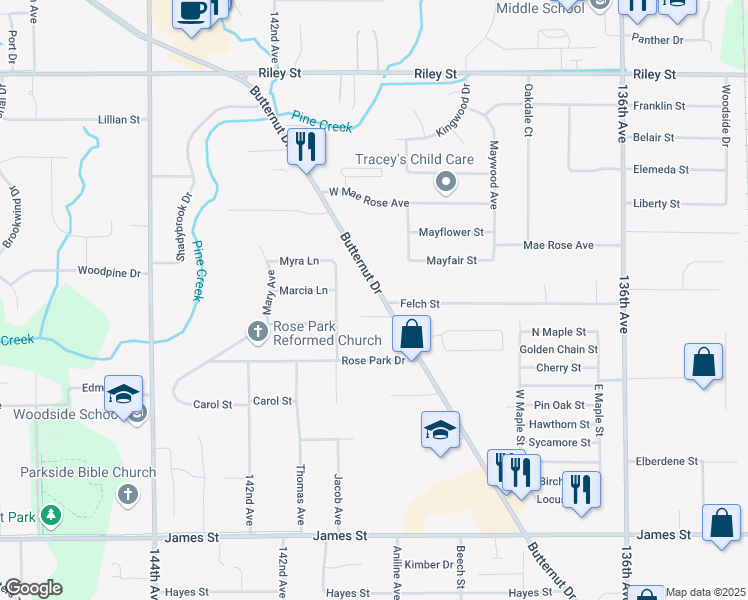 map of restaurants, bars, coffee shops, grocery stores, and more near 724 Butternut Drive in Holland