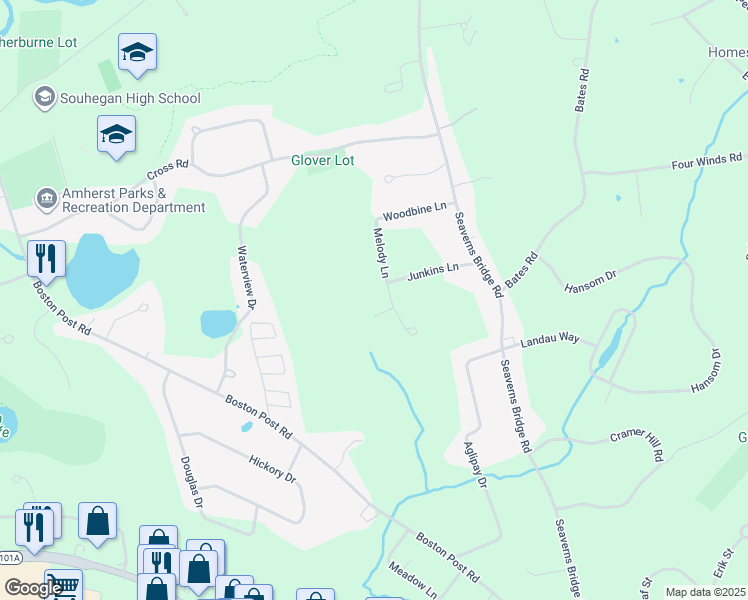 map of restaurants, bars, coffee shops, grocery stores, and more near 9 Melody Lane in Amherst