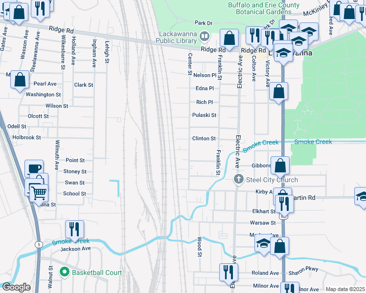 map of restaurants, bars, coffee shops, grocery stores, and more near 249 Center Street in Buffalo