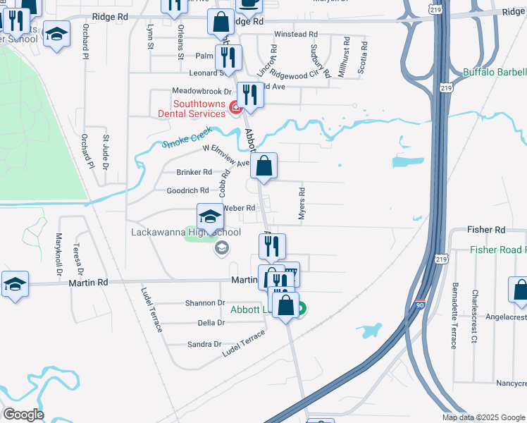 map of restaurants, bars, coffee shops, grocery stores, and more near 1687 Abbott Road in Buffalo
