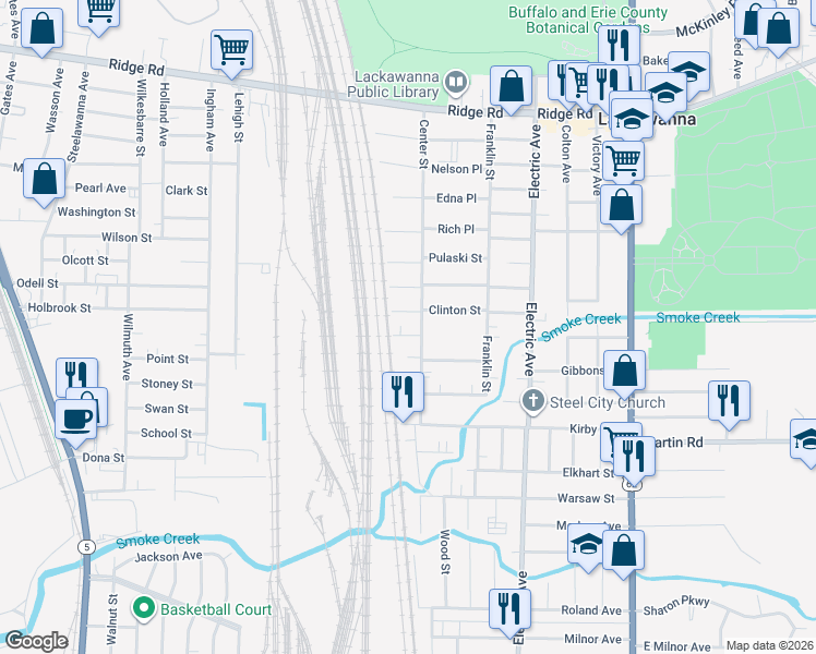 map of restaurants, bars, coffee shops, grocery stores, and more near 249 Center Street in Buffalo