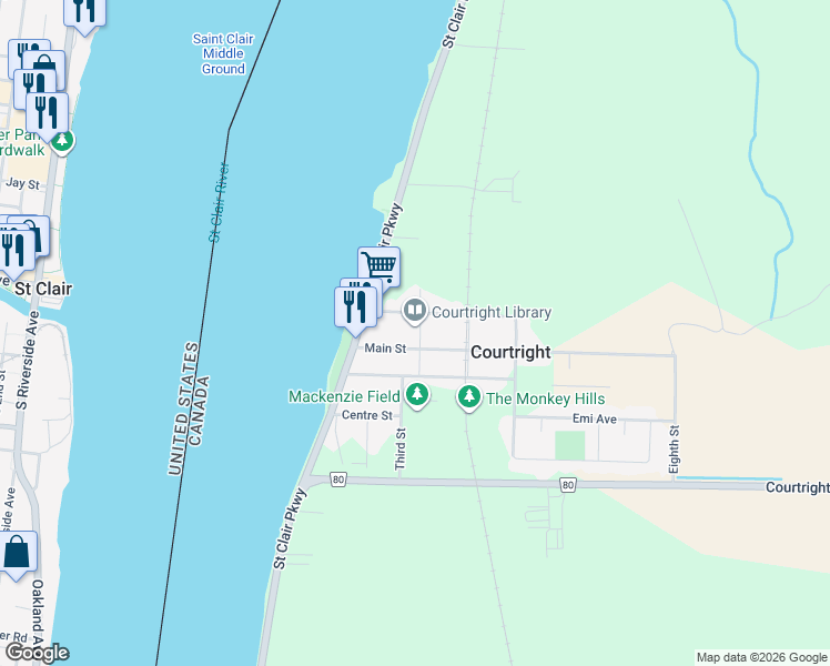 map of restaurants, bars, coffee shops, grocery stores, and more near 1535 Fourth Street in Courtright