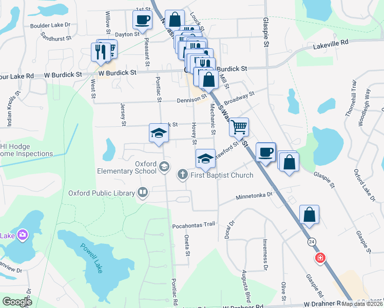 map of restaurants, bars, coffee shops, grocery stores, and more near 73 Hovey Street in Oakland County