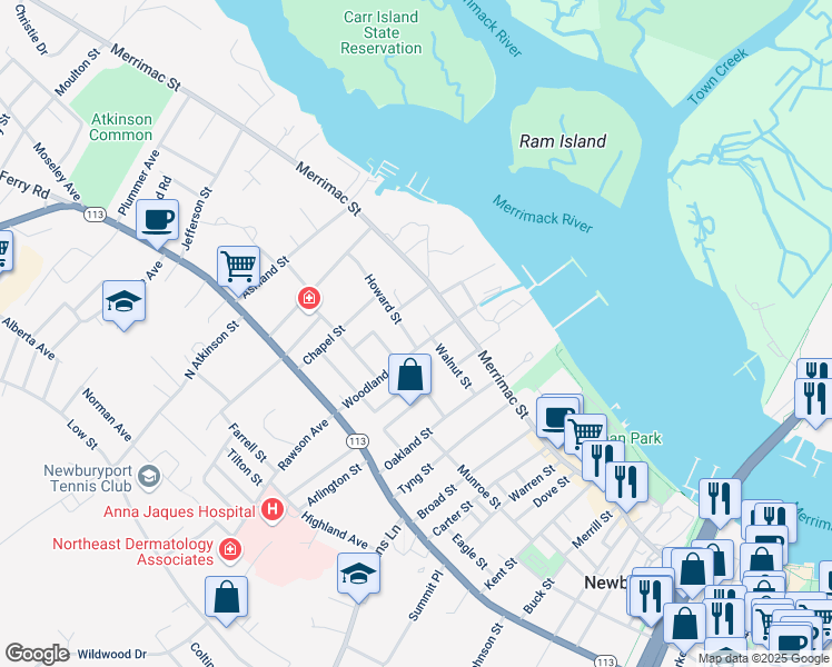 map of restaurants, bars, coffee shops, grocery stores, and more near 19 Woodland Street in Newburyport