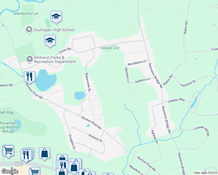 map of restaurants, bars, coffee shops, grocery stores, and more near 9 Melody Lane in Amherst
