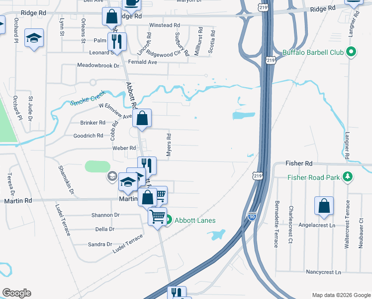 map of restaurants, bars, coffee shops, grocery stores, and more near 90 Fisher Road in Buffalo