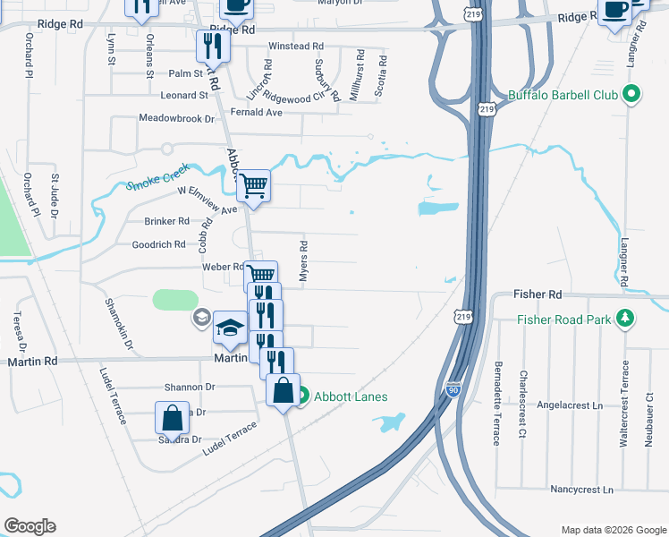 map of restaurants, bars, coffee shops, grocery stores, and more near 90 Fisher Road in Buffalo