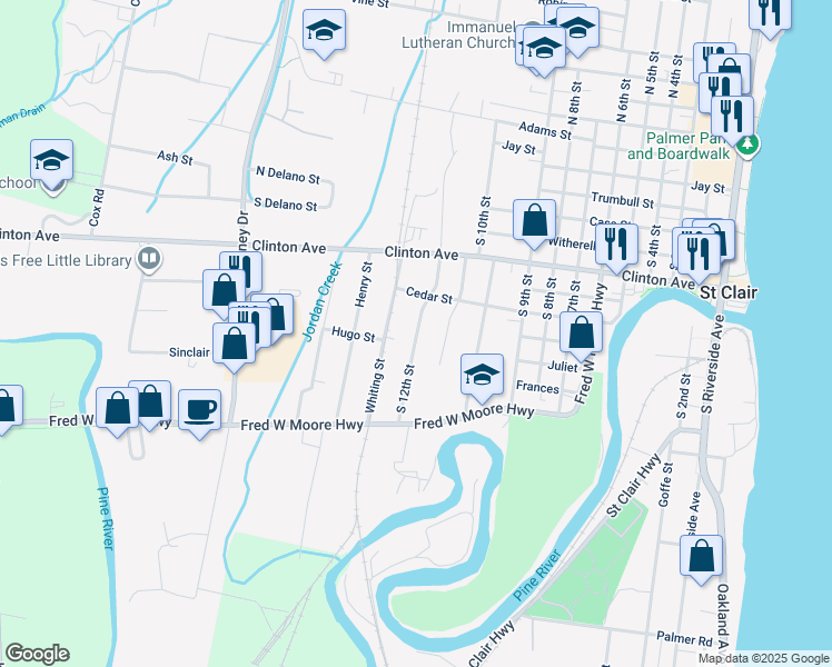 map of restaurants, bars, coffee shops, grocery stores, and more near 1160 South 12th Street in Saint Clair