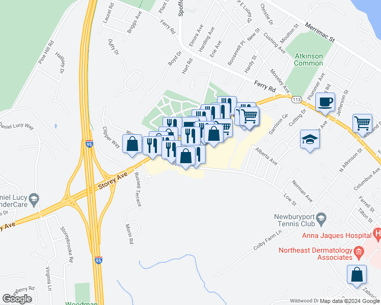 map of restaurants, bars, coffee shops, grocery stores, and more near 45 Storey Avenue in Newburyport