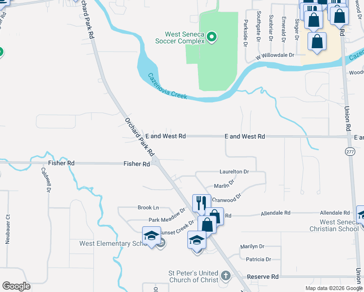 map of restaurants, bars, coffee shops, grocery stores, and more near 87 East and West Road in Buffalo