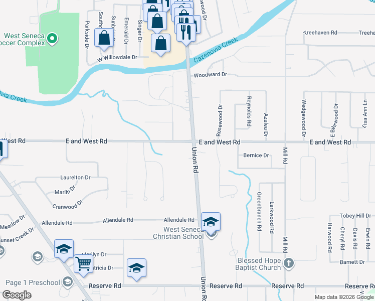 map of restaurants, bars, coffee shops, grocery stores, and more near 736 Union Road in West Seneca