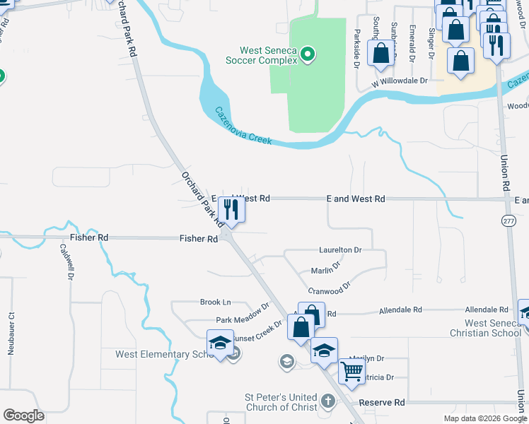 map of restaurants, bars, coffee shops, grocery stores, and more near 87 East and West Road in Buffalo