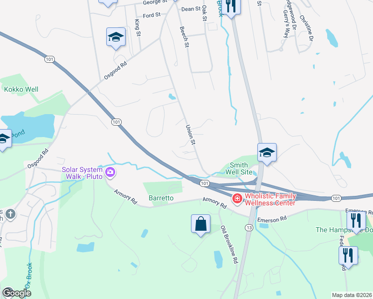 map of restaurants, bars, coffee shops, grocery stores, and more near 224 Union Street in Milford