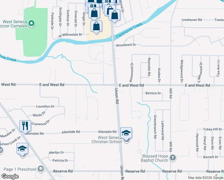 map of restaurants, bars, coffee shops, grocery stores, and more near 736 Union Road in West Seneca