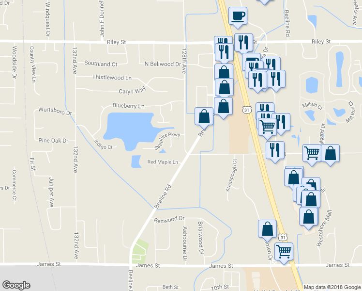 map of restaurants, bars, coffee shops, grocery stores, and more near 2839 128th Avenue in Holland