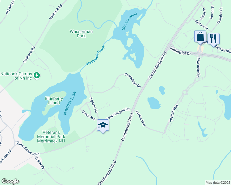 map of restaurants, bars, coffee shops, grocery stores, and more near 33 Cambridge Drive in Merrimack