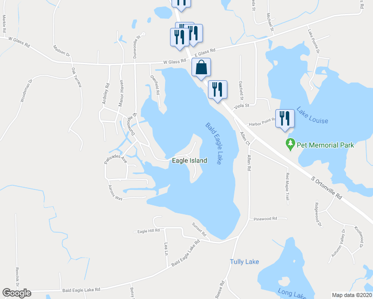 map of restaurants, bars, coffee shops, grocery stores, and more near 2240 Island Drive North in Brandon Township