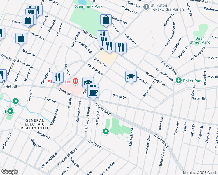 map of restaurants, bars, coffee shops, grocery stores, and more near 1384 Belmont Avenue in Schenectady
