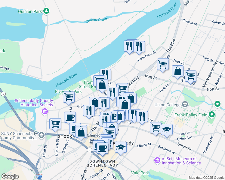 map of restaurants, bars, coffee shops, grocery stores, and more near in Schenectady