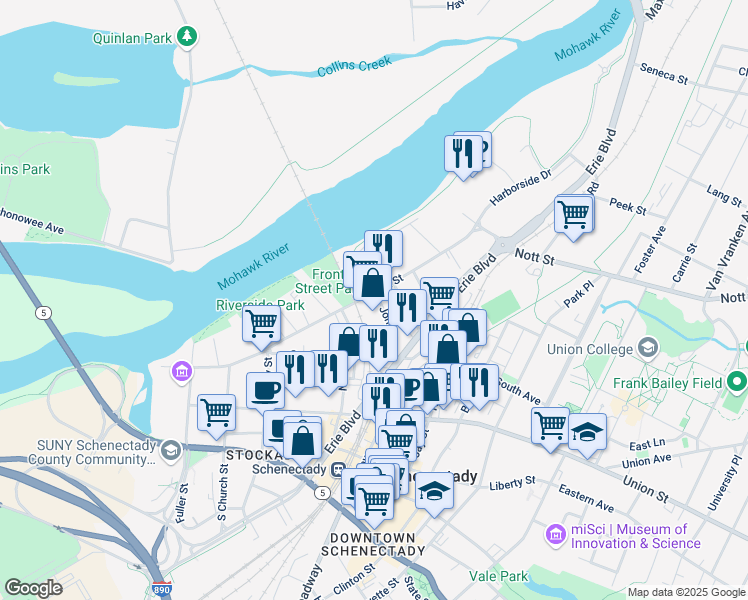 map of restaurants, bars, coffee shops, grocery stores, and more near 6 River Street in Schenectady