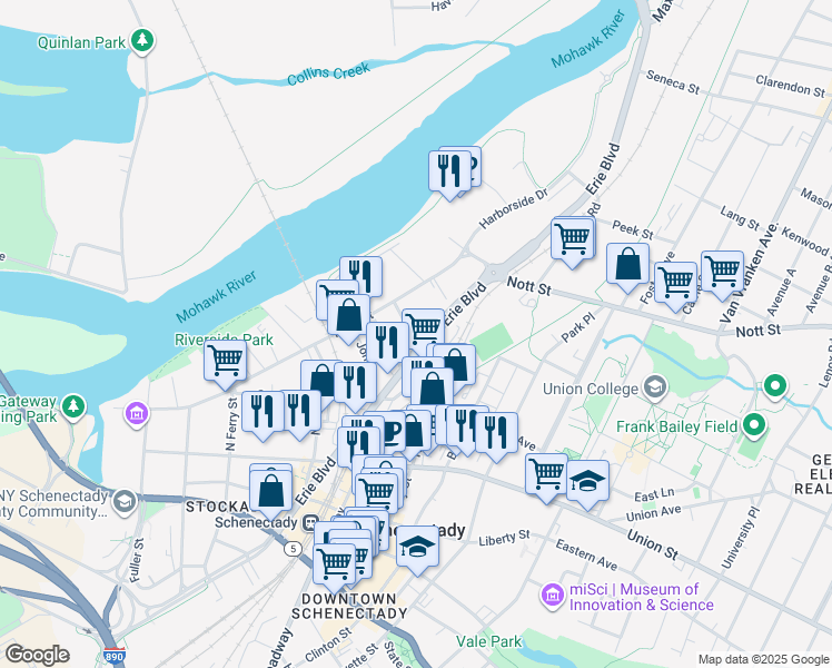 map of restaurants, bars, coffee shops, grocery stores, and more near 23 Monroe Street in Schenectady