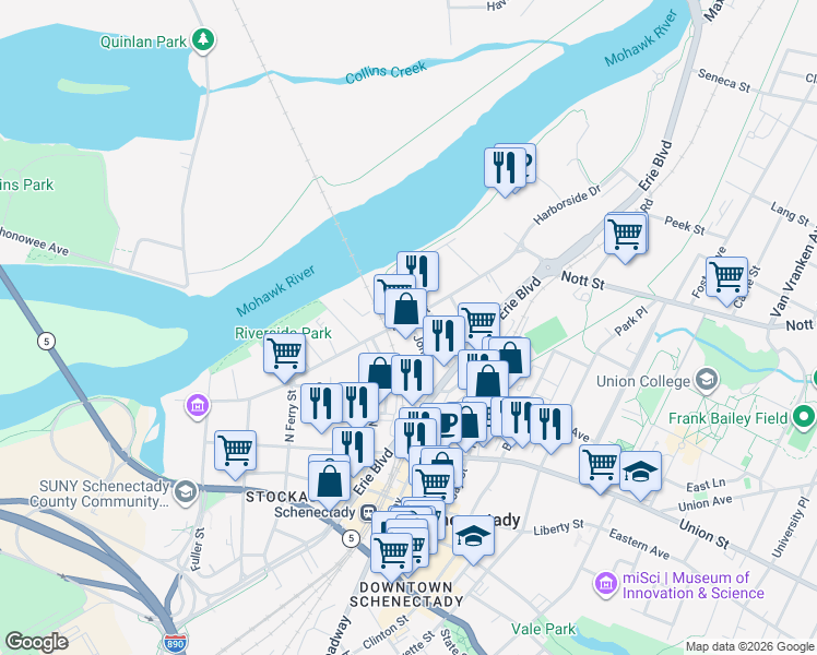 map of restaurants, bars, coffee shops, grocery stores, and more near 6 River Street in Schenectady