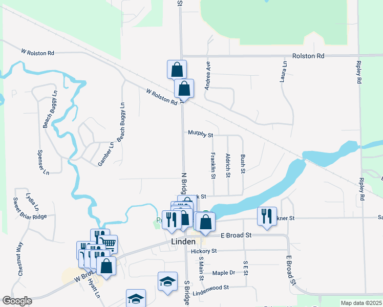 map of restaurants, bars, coffee shops, grocery stores, and more near 709 North Bridge Street in Linden
