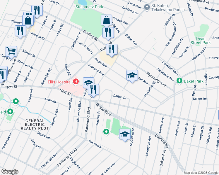 map of restaurants, bars, coffee shops, grocery stores, and more near 1384 Belmont Avenue in Schenectady