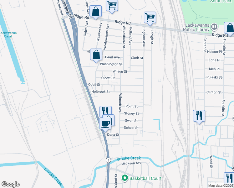 map of restaurants, bars, coffee shops, grocery stores, and more near 103 Holbrook Street in Buffalo